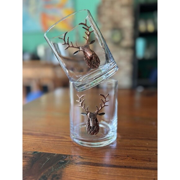 Brass Gold STAG Deer Medallion Double Old-Fashioned Glasses   (2) - Picture 5 of 10